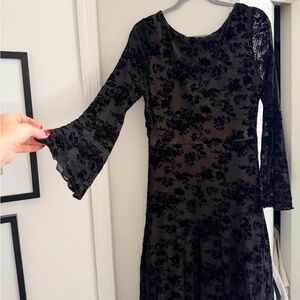 CIDER MESH BOAT NECK FLORAL RUCHED LONG SLEEVE MAXI DRESS